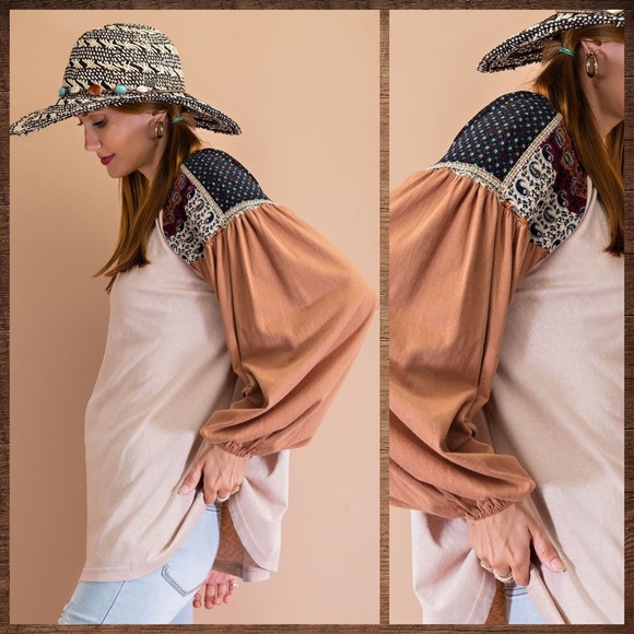 EASEL Tribal Aztec Print Silky Balloon Bubble Sleeve Top Jersey - T-Shirt Bodice - Picture 3 of 12